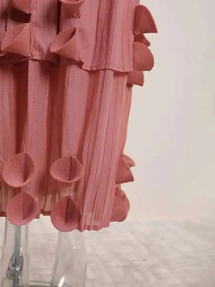 LANMREM Pleated Appliques Long Dresses For Women Round Collar Lace-up Full Sleeve Evening Party New 2025 Lady Dress 32S1173