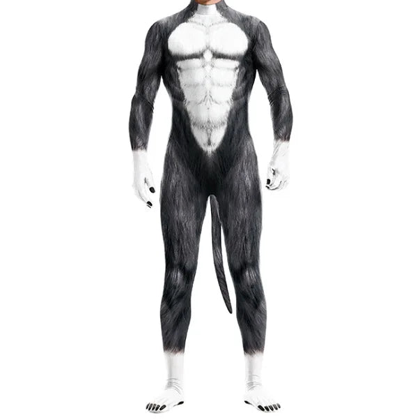 Halloween Costume  Adult Mens Wild Animal Cosplay Costume Full Cover 3D Print Beast Petsuit Jumpsuit Bodysuit Tail