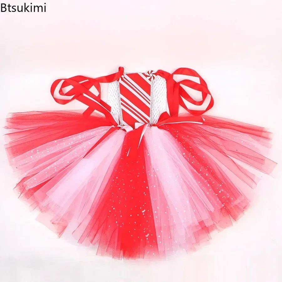 Sparkly Christmas Candy Costumes for Girls White Red Xmas Party Dresses with Bow Socks Kids New Year Tutu Outfit Holiday Clothes
