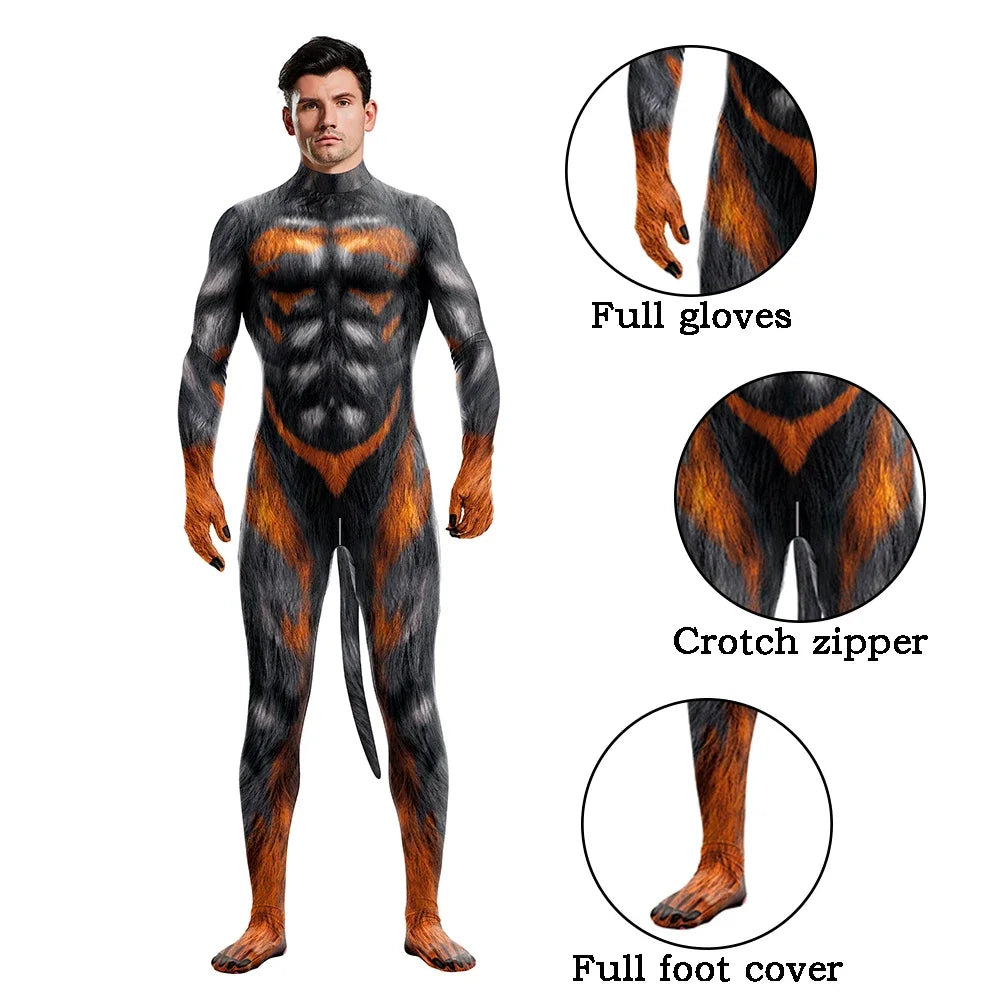 Halloween Cosplay Costume Male Adult Full Cover Elastic Zentai Pet Suit Jumpsuit Print Catsuit Bodysuits with Tail Purim Clothes