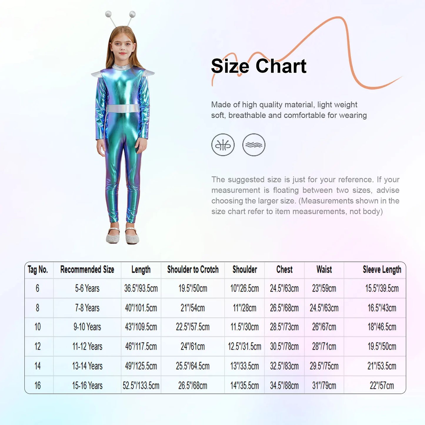 Kids Boys Girls Halloween Carnival Alien Cosplay Performance Costume Long Sleeve Metallic Shiny Space Jumpsuit with Hair Hoop
