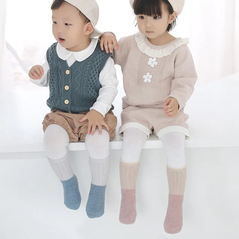 5 Pairs Winter Unisex Kids Baby Socks Infant Patchwork Non-slip Tube Socks Cotton Thick Warm Fleece Newborn Baby Stockings
