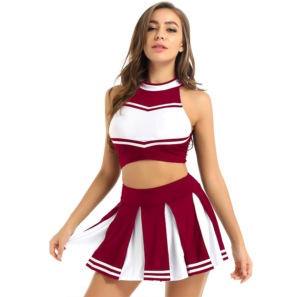 Women's Cheerleader Cosplay Costume Uniform Outfit Stand Collar Crop Top with Mini Pleated Skirts Carnival Cheerleading Suit