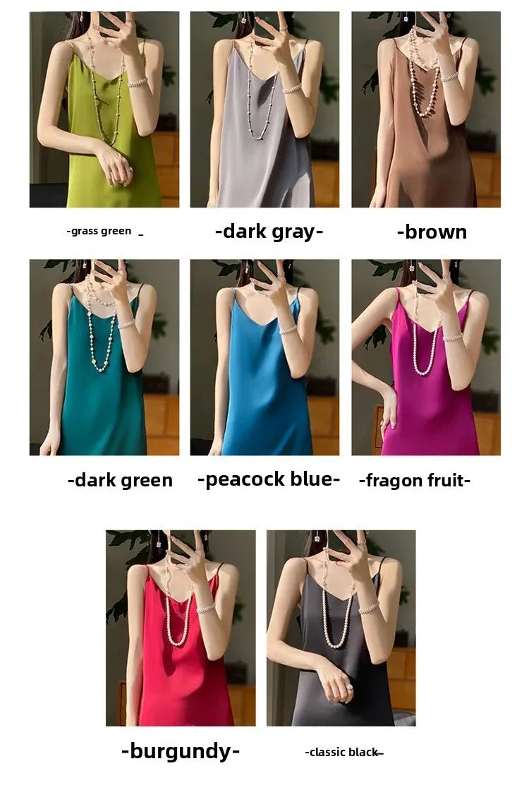 Silk V-neck Slim-fit Satin Dress Sexy Strap Long Gown for Women New 2025 Spring Summer Inner Wear Dress Elegant Lady Dress