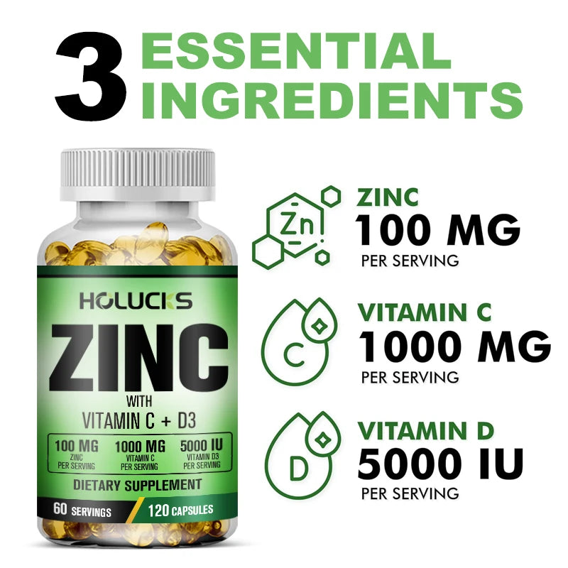 Zinc Complex Supplement, Vitamin C, Support Collagen, Antioxidant, Boost Immune, Improve Sleep & Energy, Premium Capsules
