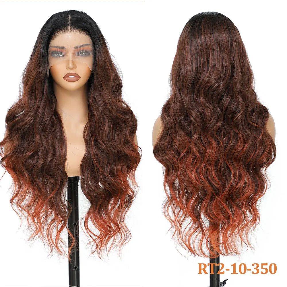 30 Inches 13x4 Body Wave Lace Front Wig Synthetic Loose Deep Wave Highlight 300 Grams Baby Hair Lace Frontal Wig For Women