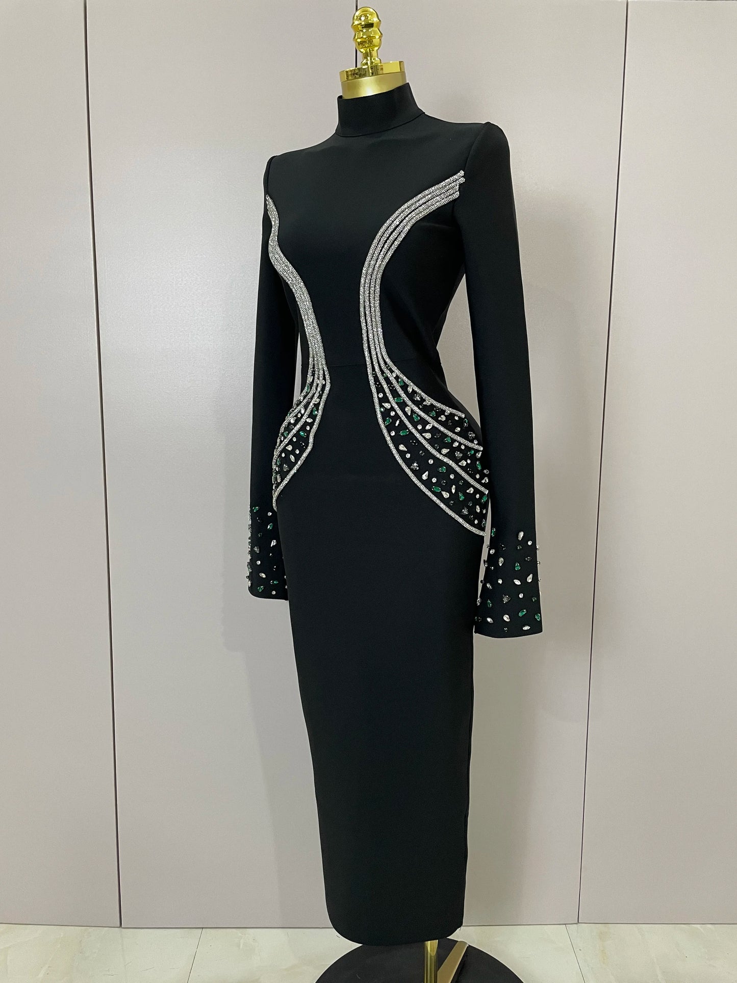 Women High Quality Black Color Long Sleeve Sexy Shiny Crystal Bodycon Long Bandage Dress Evening Birthday Party Cocktail Dress