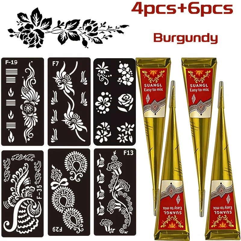 SUANGL Indian Henna Cones Brown Paste with Stencil Temporary Body Art Paint Kit for Hand Feet Drawing Red Black Henna Set