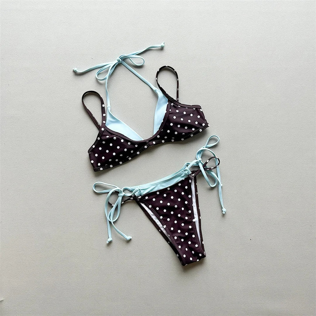 Sexy Polka Dot Plaid Halter Bikini Female Swimsuit Women Swimwear Two-Pieces Bikini Set Splicing Bather Bathing Suit Swim V8027