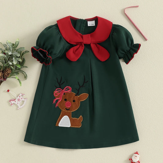 Tregren Toddler Girl Christmas A-Line Dress Reindeer Embroidered Doll Collar Short Sleeve A-line Dress New Year Festival Clothes