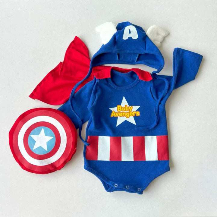 Fall 2025 Korean Superhero Baby Bodysuit Set Costume with Cape Shield & Hat for Cosplay Photoshoot One-Piece High quality Cotton