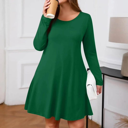 Plus Size Dress for Women Solid-Colour Casual Dress Spring/Autumn Pocket Round Neck Long-Sleeved Dresses vestidos femenino