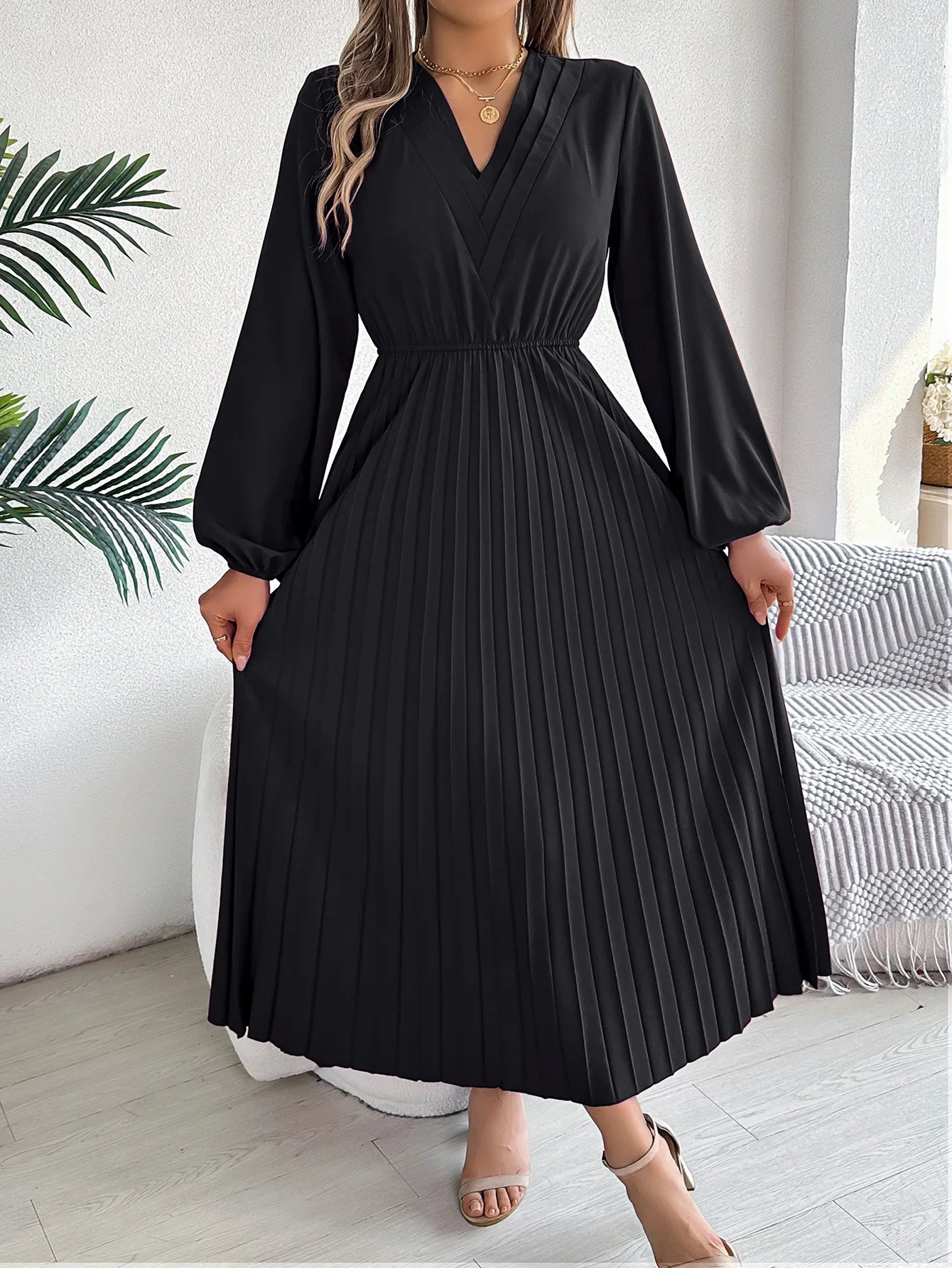 Women's Elegant Solid Color V-Neck Waist-Cinching Long Sleeve Midi Dress with Pleated Ruffles | Spring Autumn Fashion