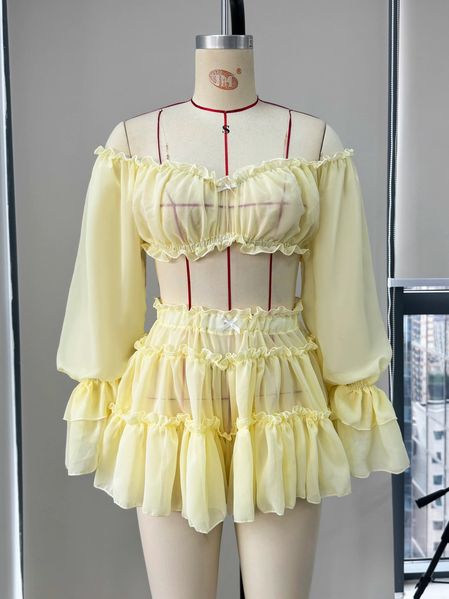 Ruffle Dress Bandage Two Piece Dress Long Sleeve Dresses Cover Up Women A Line Dress Summer Party Evening Female