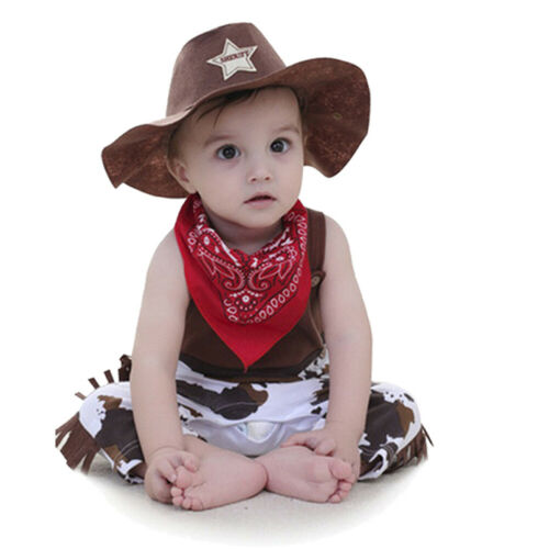 Baby 3PCS Romper Set Camouflage Printed Sling Side Tassel Romper Big Cowboys Wide Brim Star Hat Triangle Printed Scarf