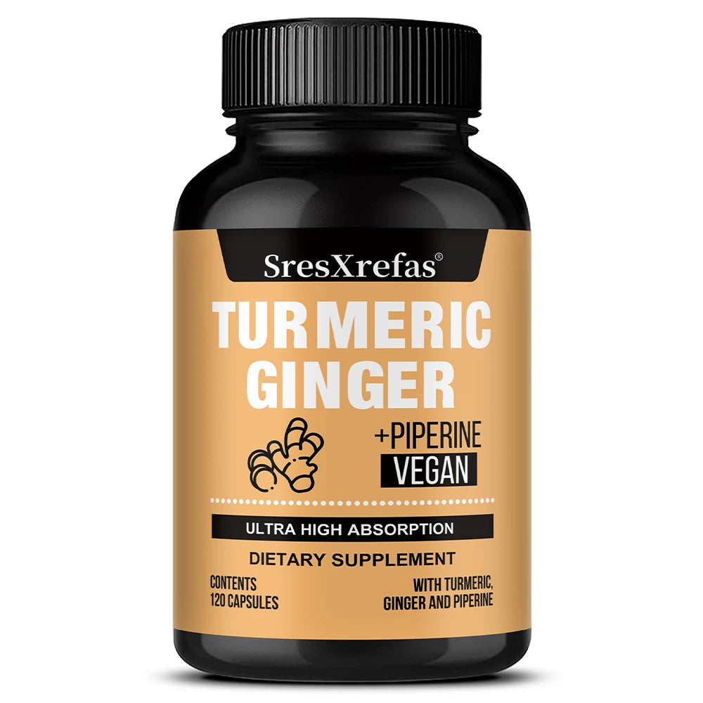 Turmeric Ginger Piperine Capsules – Curcumin 95% with Black Pepper, Gut, Joint & Immune Support, Vegan Supplement, 120 Capsules