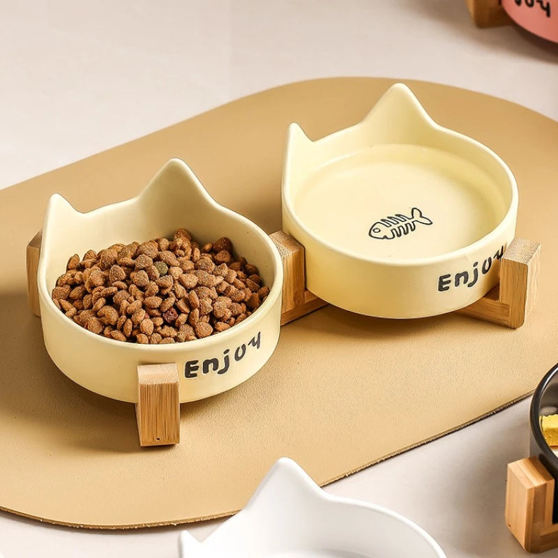 Ceramic Double Bowl Pet Cat Bowl Anti-Slip Heightened Bamboo Table Feeding Bowl Pet Supplies Water Feeders Small Dogs Supplies