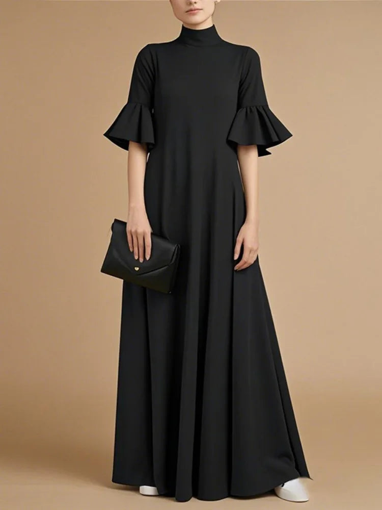 UOOZEE Women's Black Church A-Line Maxi Dress Flared Sleeves Pleated  Solid Color Stand Collar Elegant Evening Long Dresses 2025
