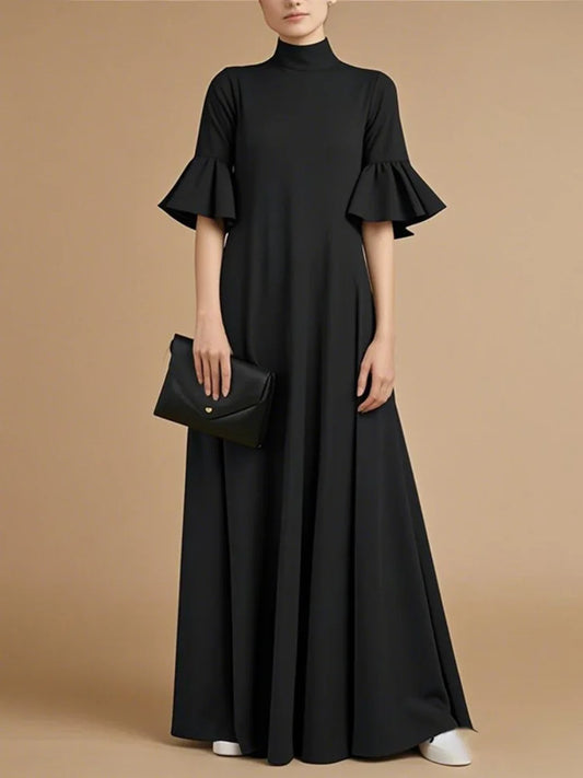 UOOZEE Women's Black Church A-Line Maxi Dress Flared Sleeves Pleated  Solid Color Stand Collar Elegant Evening Long Dresses 2025