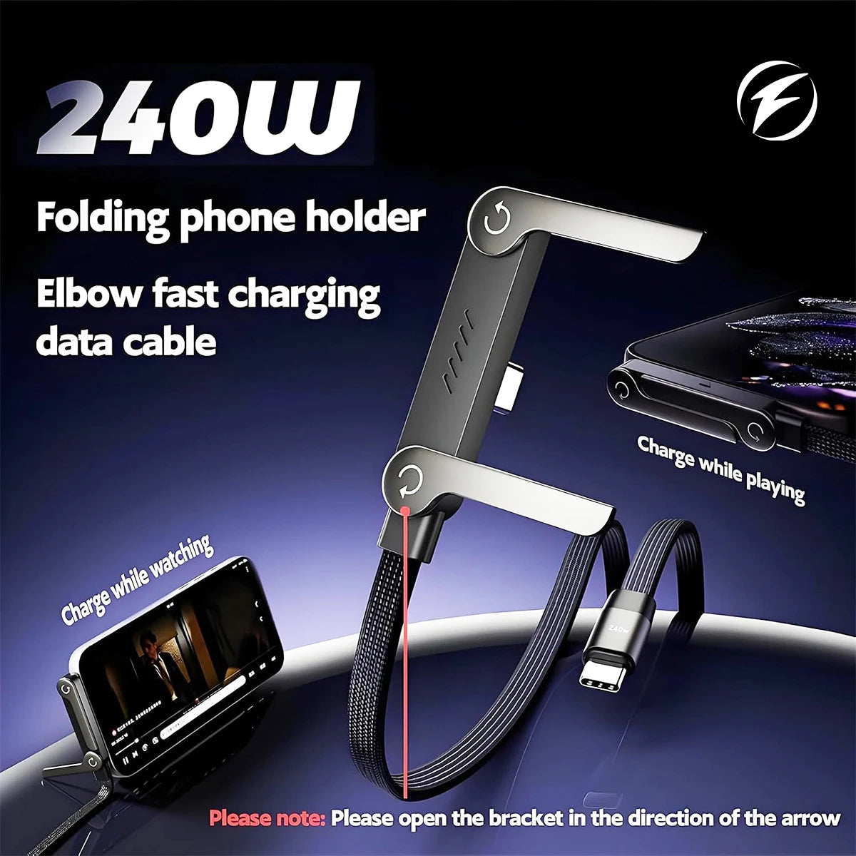 Ankndo 240W Fast Charging Foldable Phone Stand with 360 Rotating Type C Charging Data Cable 2-In-1 Phone Tablet Foldable Holder