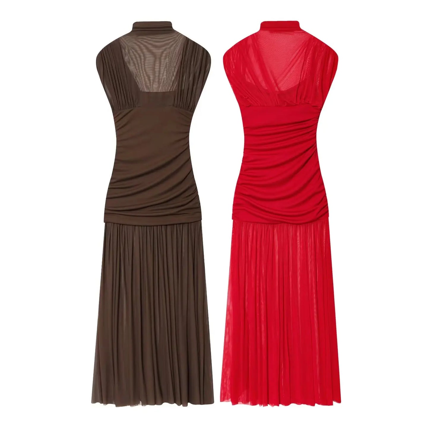 KONDALA Women Elegant Chic Mesh Tulle Long Dress Sleeveless Fitted Dress For Female 2025 Fashion Sexy Romantic Party Lady Dress