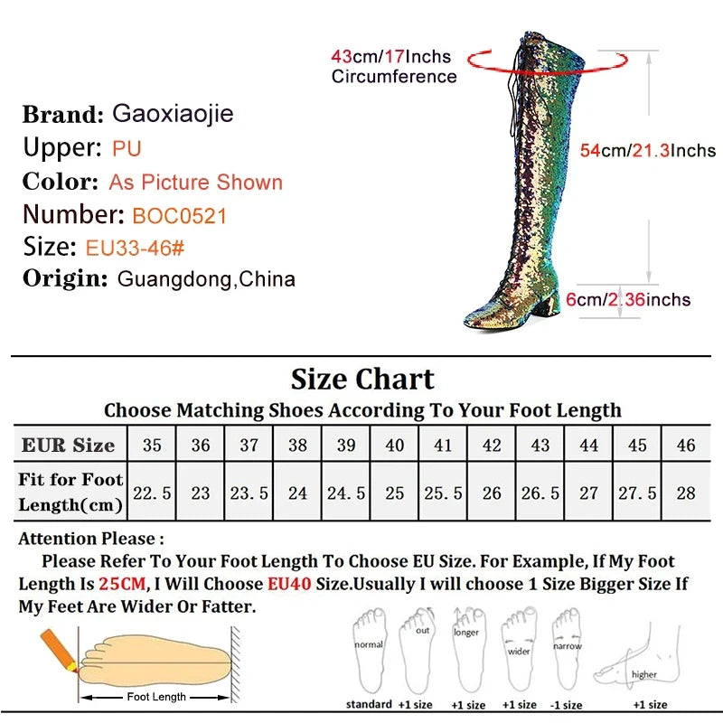 Glitter Bling Boots Women Over the knee Chunk High Heels Zipper Lace-Up Runway Lady Shoes Large Size Thigh High Boots Size 46