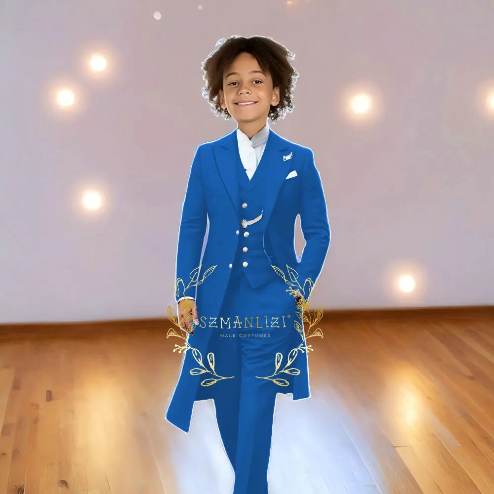 Children Formal Tuxedos Boys Suit Light Grey Long Jacket Vest Pants Sets for Piano Performance Birthday Party Costume Tailored