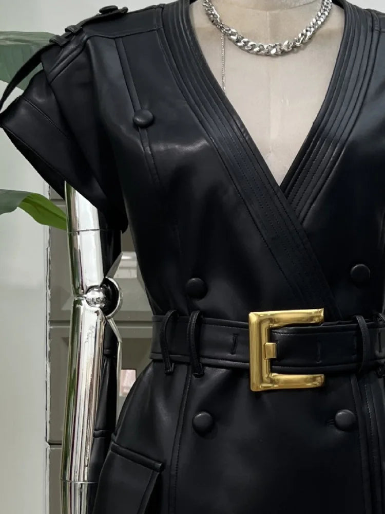DFDG 2025 Women’s V-Neck Wide Shoulder Overlap Placket Double Breasted PU Leather Bodycon Dress Unique Design Cocktail Dress