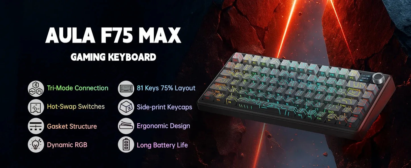 Aula F75 MAX Wireless Gaming Keyboard With Smart Digital Screen and Knob 75% Hot Swappable 3Mode RGB Backlit Mechanical Keyboard