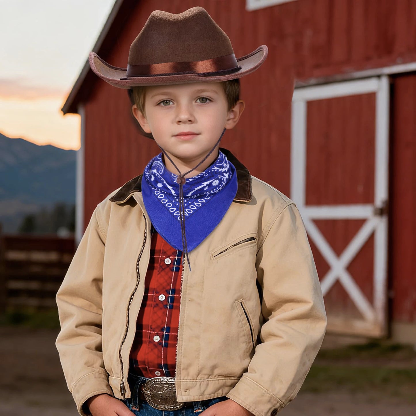 Kids Cowgirl Costume Western Hat Bandana Set Halloween Cosplay Outfits Role Play Accessories