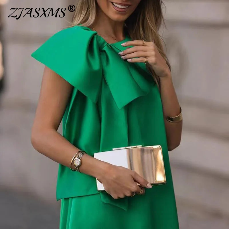 Sexy Sleeveless O Neck Holiday Long Dress Woman Summer Solid Bowknot Hollow Office Lady Dress New Casual Loose A-Line Boho Dress