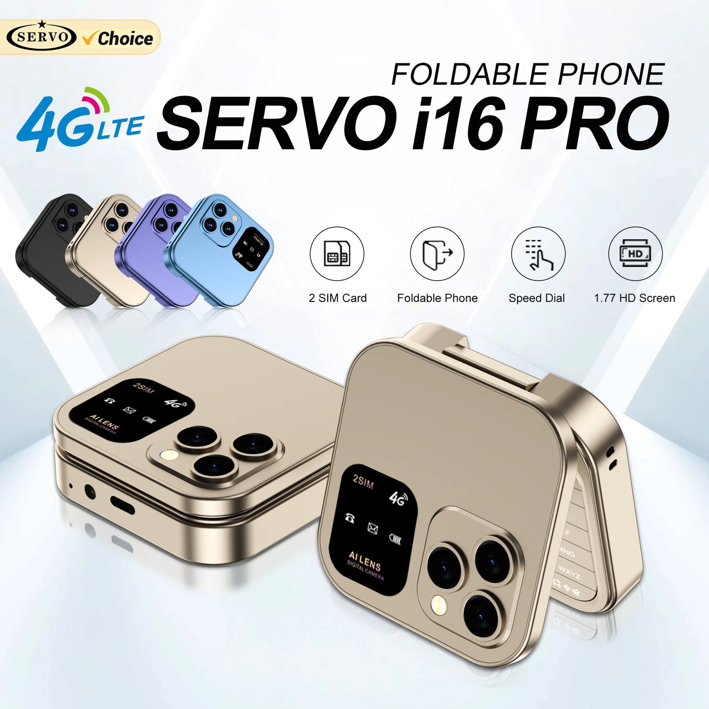 SERVO i16 Pro 4G LTE Mini Flip Mobile Phone Dual SIM Standby Call Recording Speed Dial FM Radio Blacklist Small Fold Cellphones