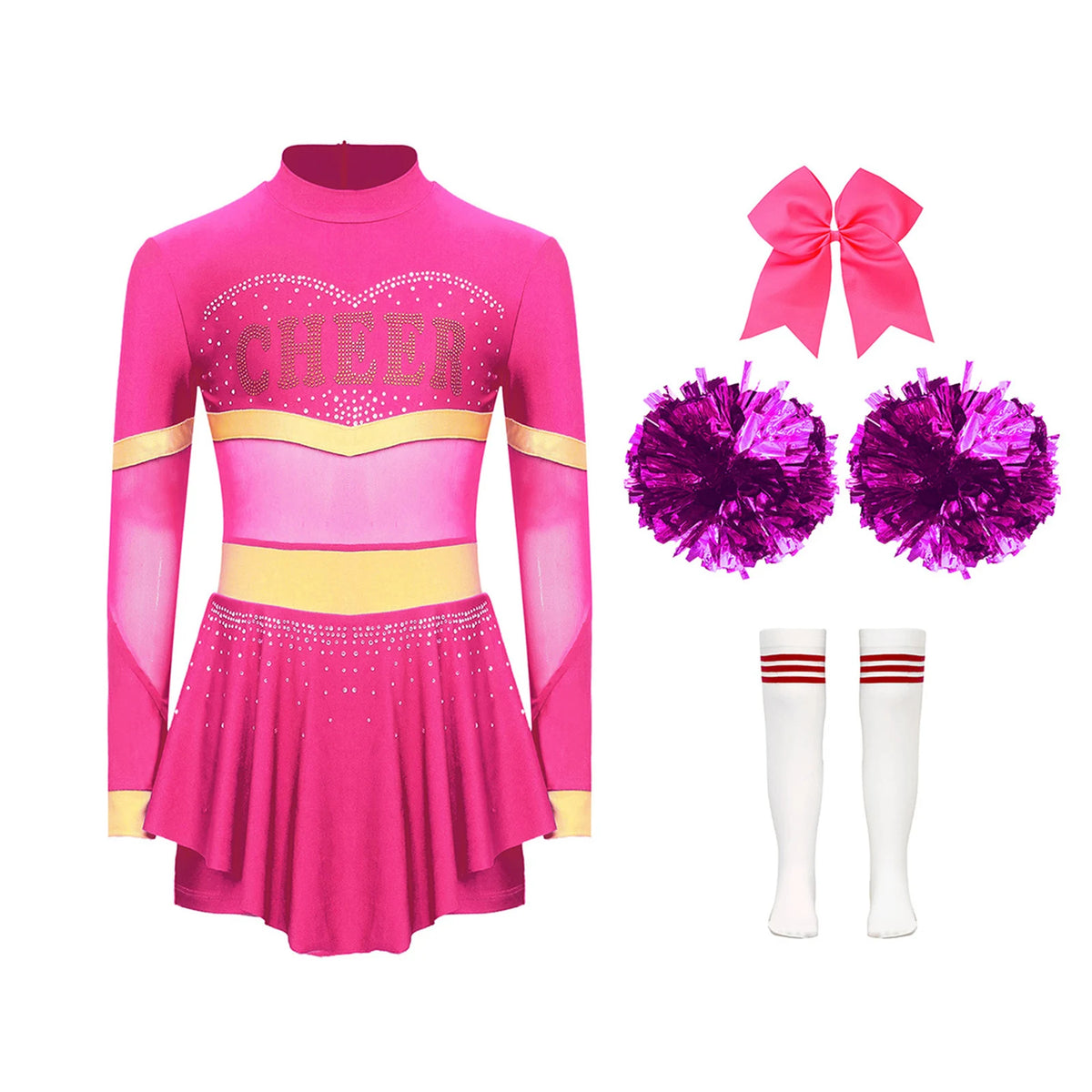 Girls Cheerleader Costume Long Sleeve Cheerleading Uniform Children Cheer Dance Dress Hand Flower Socks Stage Dancewear Sets