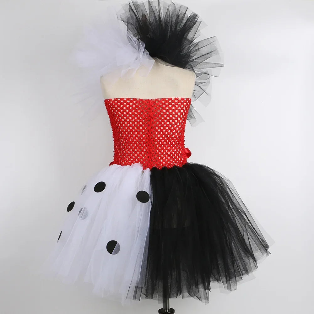Halloween Crulla Cosplay Costume Cruella Tulle Dress Party Girls Black White Carnival Kids Cruella Wig Lace Mask Suit Clothes