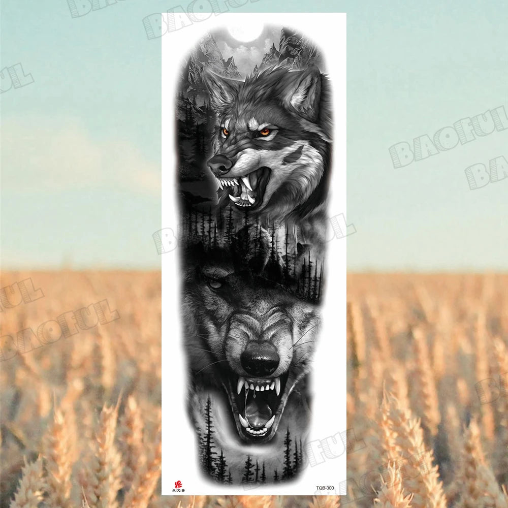 BAOFUL Full Arm Sleeve Temporary Tattoos For Women Men Realistic Wolf Lion Warrior Maori Fake Tattoo Stickers Thigh Leg Tatoos