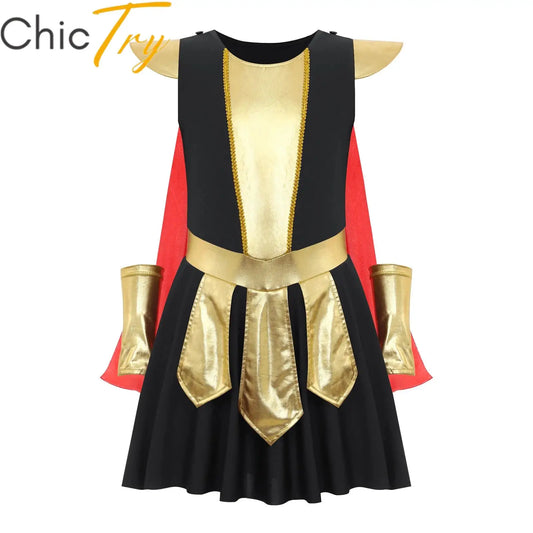Kids Girls Halloween Ancient Roman Warrior Costume Medieval Soldier Gladiator Cosplay Party Dress Historical Role Play Dress Up