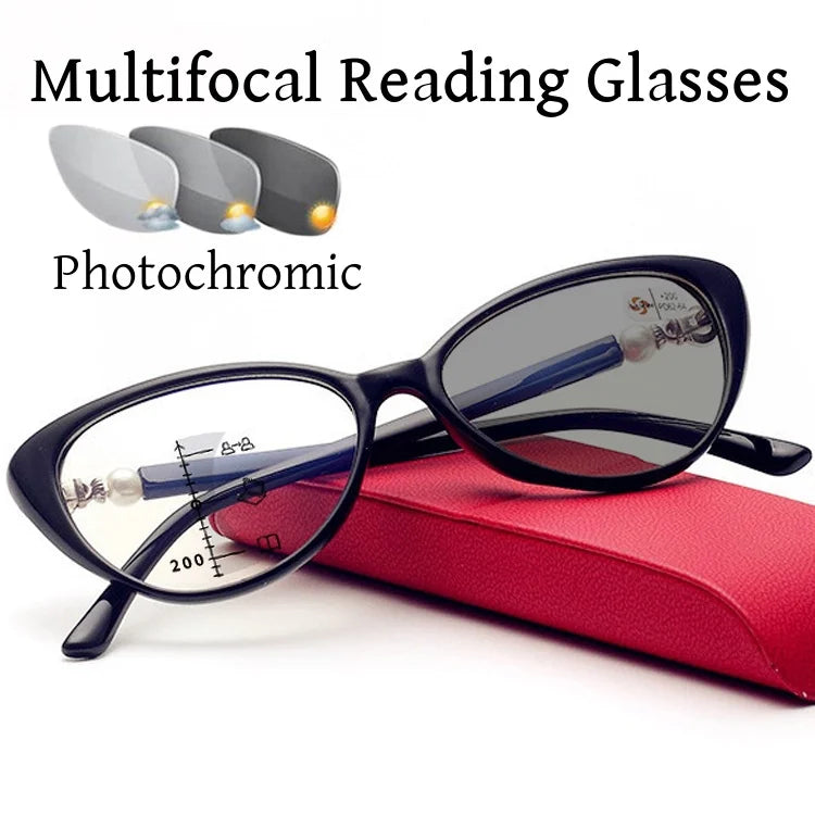 Cat Eye Finished Progressive Multifocal Reading Glasses Unisex Women Men Outdoor Color Changing Bifocal Eyewear Diopter To +4.0