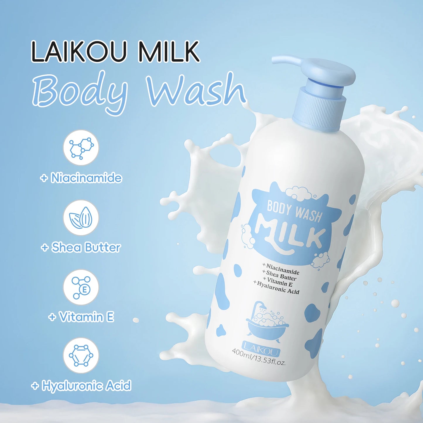 LAIKOU 400ml Milk Body Wash, Gentle Cleansing Long Lasting Moisturizing Milk Fragrance Shower Gel With Niacinamide & Shea Butter