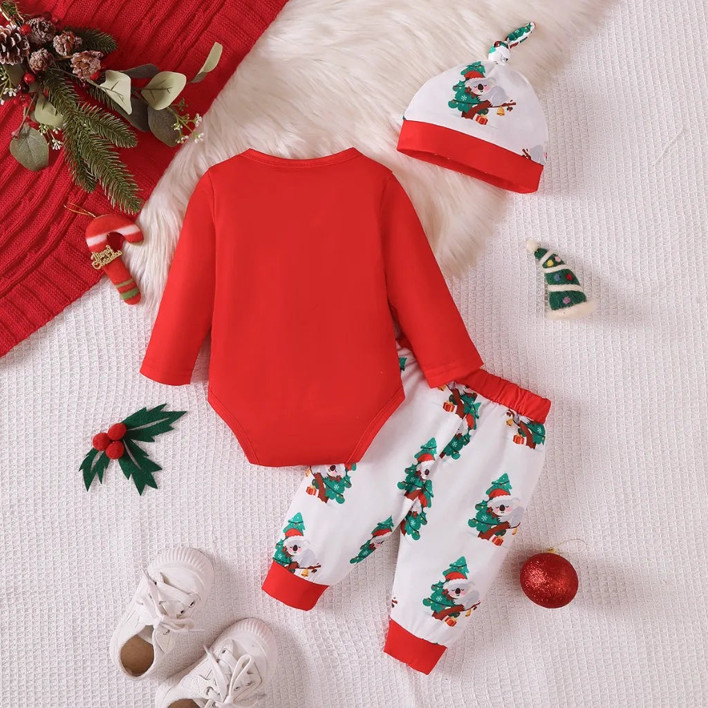 Baby Boy and Girl Christmas Costume Cute Koala Long Sleeve Top+ Pants+Hat 3PCS Clothes Set for 1-18 Months Infant Holiday Suit