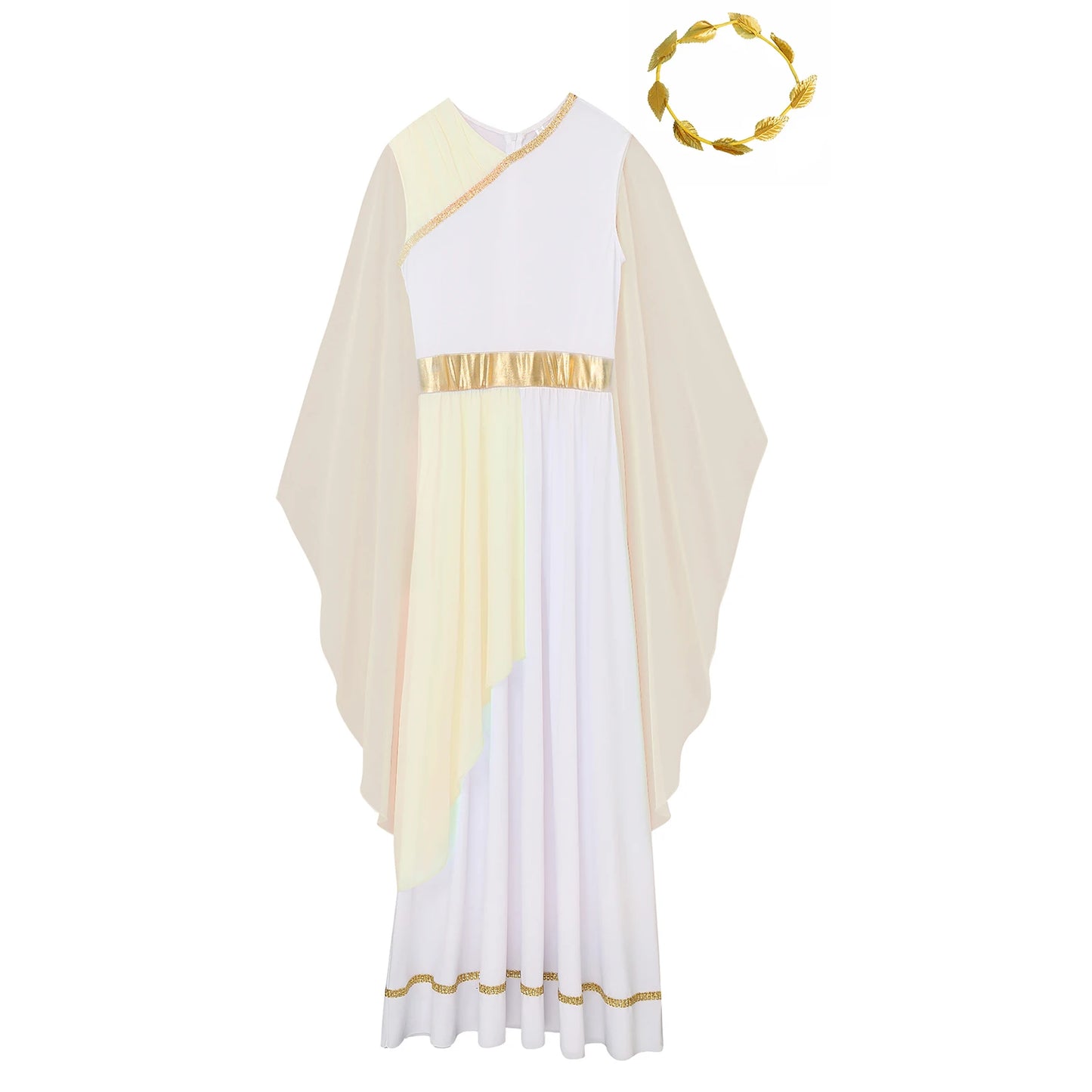 Womens Halloween Greek Beauty Carnival Cosplay Party Costumes Gold Leaves Garland Headwear And Cap Sleeve Ancient Toga Dress