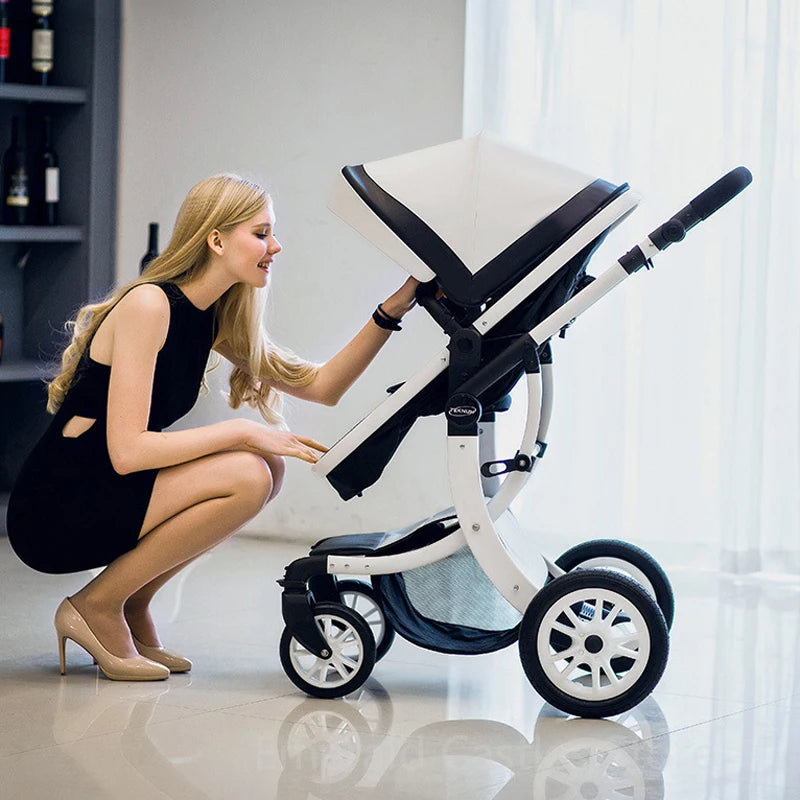 Leather 2 in 1 Baby Stroller,Two Way Stroller,Car Seat Newborn Bassinet,travel white folding baby stroller,baby Carriage Pram