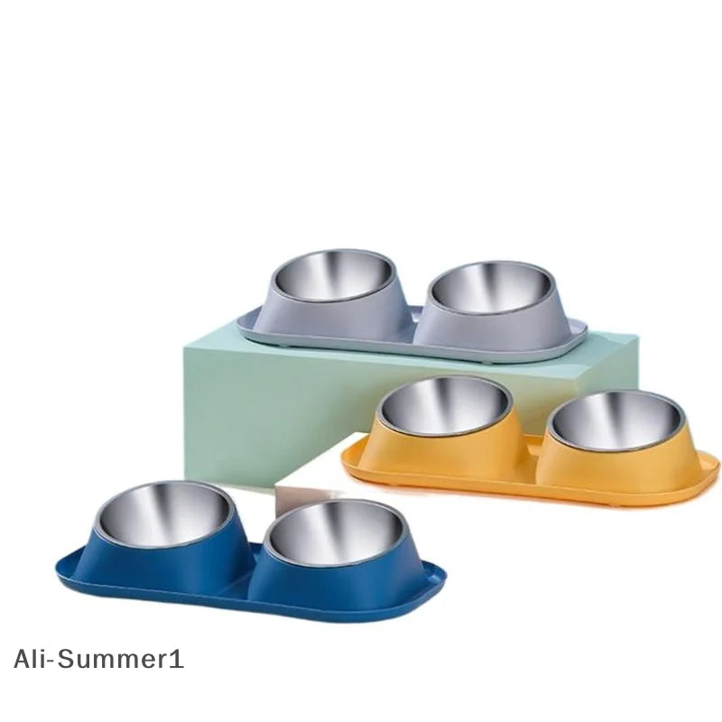 1pc Stainless Steel Double Cat Dog Bowl Cat Food Container Non-slip Base Pet Water Feeder Tilt Safeguard Neck Puppy Cats Bowls