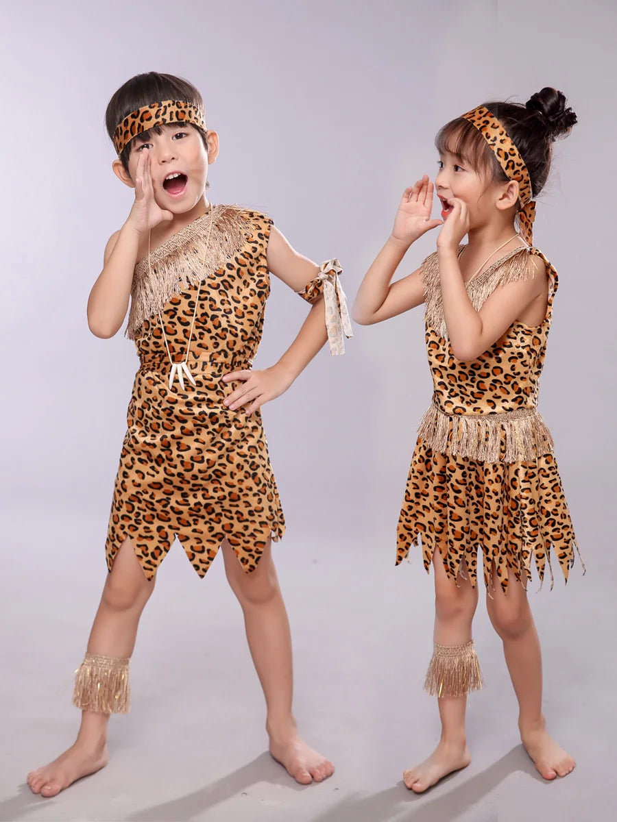 Halloween Costume Adult Kids Savage Caveman Costumes African Tribal Hunter Clothing for Girl Performance Costumes Cosplay Dress