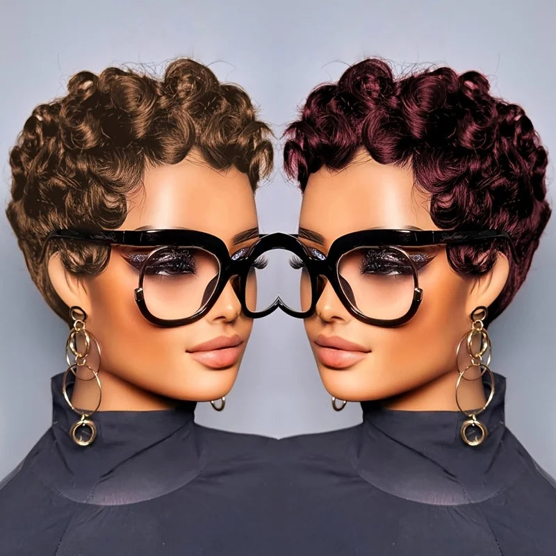 4# Short Pixie Curly Wigs Human Hair Chocolate Brown Chic Short Pixie Cut Human Hair Wig With Bangs Full Machine Made Wigs