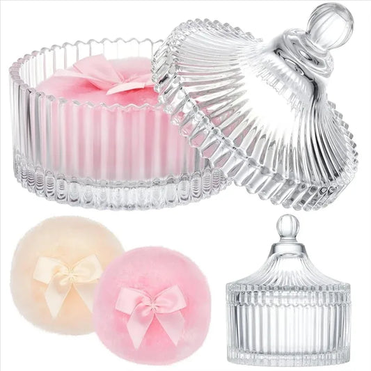 Luxury Makeup Puff and Storage Set ,Large Velvet Powder Puff with Glass Organizer Box ,Reusable Washable Beauty Tool ,Ideal Chri