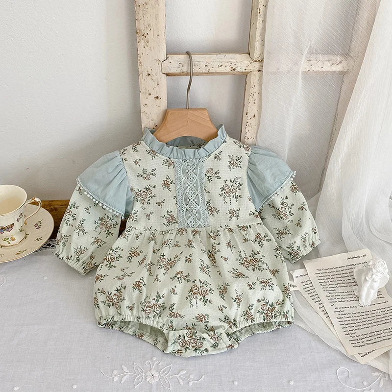 0-3Y Baby Autumn Clothes Retro Lace Infant Bow Ruffle Collar Long Sleeves Bodysuit Kids Girls Floral Print Casual Cotton Onesie