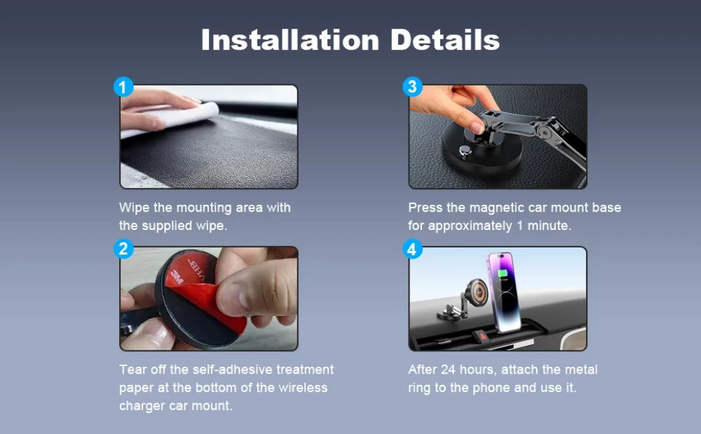 15W Magnetic Car Phone Holder Mount Wireless Charger Fast Charging Rotation Magnetic Car Phone Stand for IPhone 16 15 14 13 12