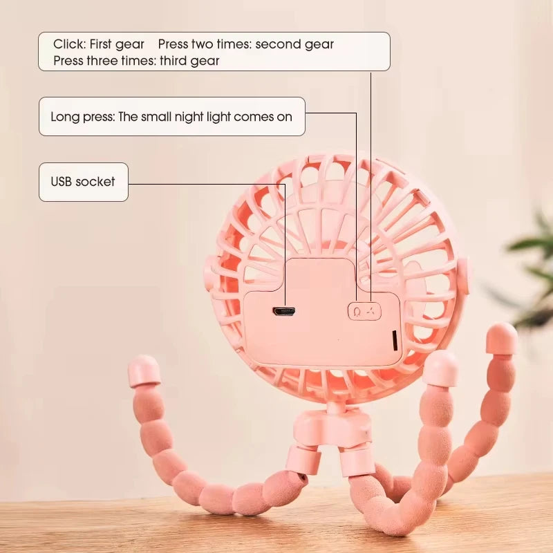 Baby Stroller Octopus Fan Anti Pinch Hand 3-speed Small Night Light USB Mini 3-speed Charging Small Fan