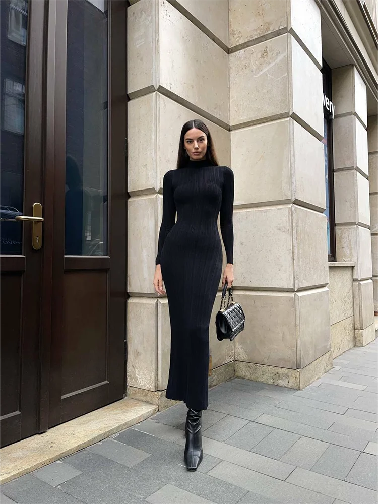 Turtleneck Knitted Women Dresses Sexy Solid High Waist Hip Package Lady Dress Elegant Long Sleeve Slim Female Vestidos