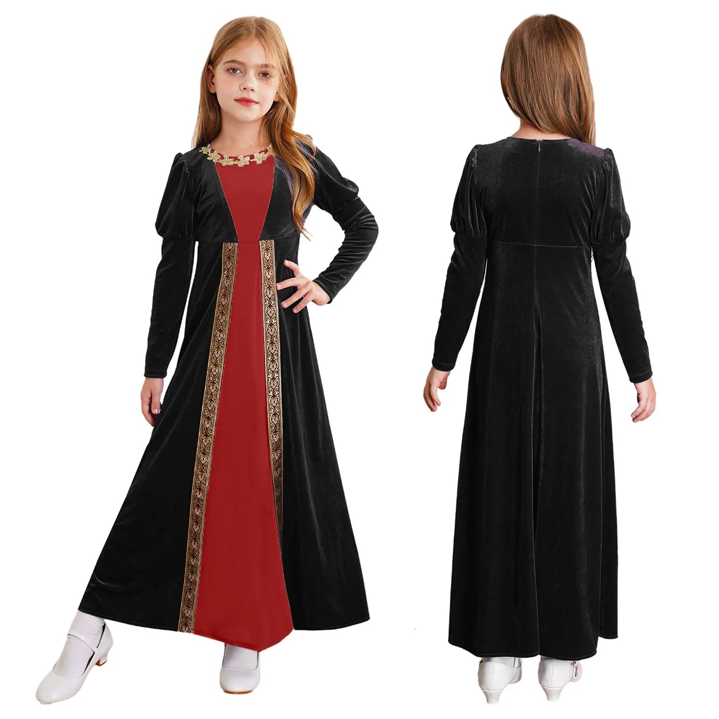 Children Girls Halloween Medieval Renaissance Vampire Cosplay Costume Ancient Roman Princess Dress Long Sleeve Retro Velvet Gown
